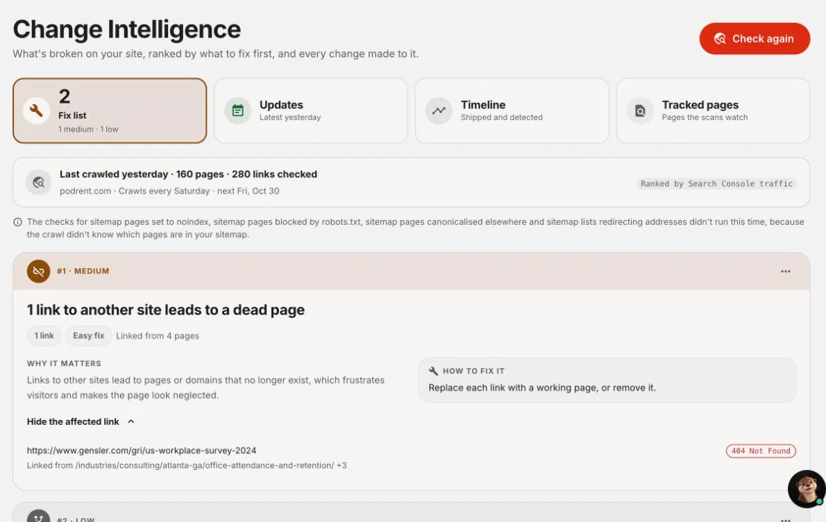 askotter Change Intelligence fix list for podrent.com: 2 open problems after a crawl of 160 pages and 280 links, the first a dead outside link from 4 pages.