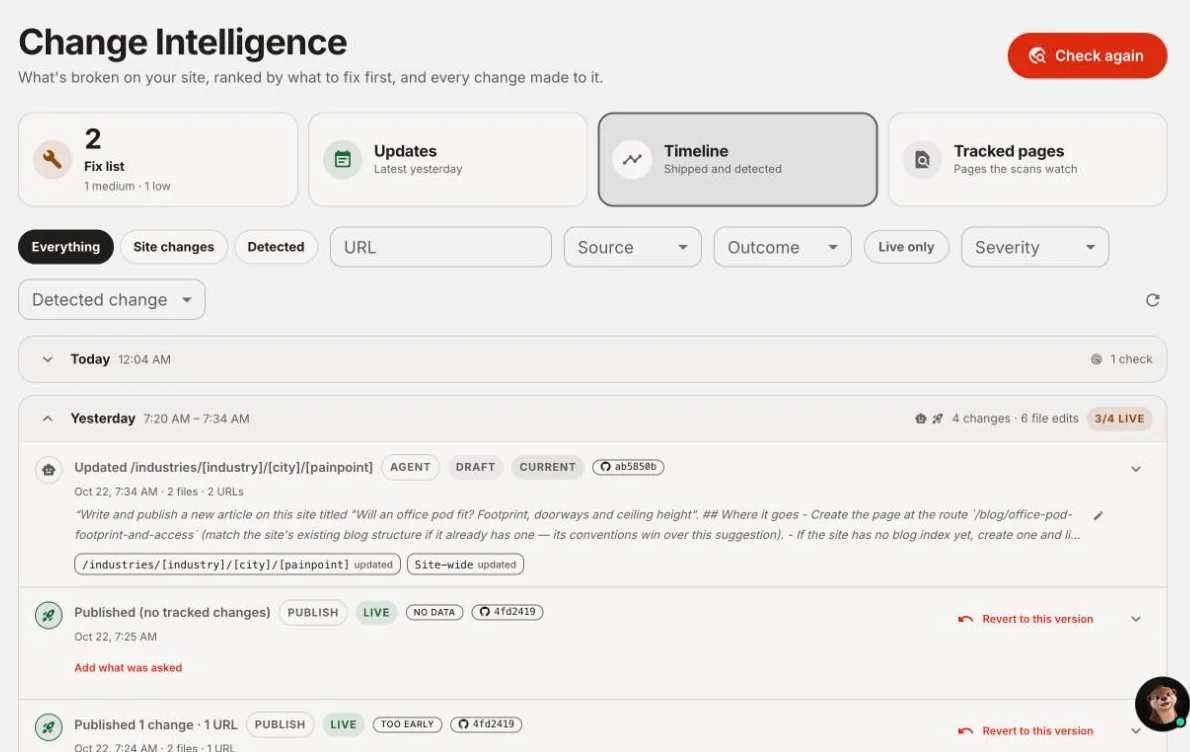 askotter Change Intelligence timeline for podrent.com: working sessions on October 22 with change counts, file edits, live status and a revert button on each change.