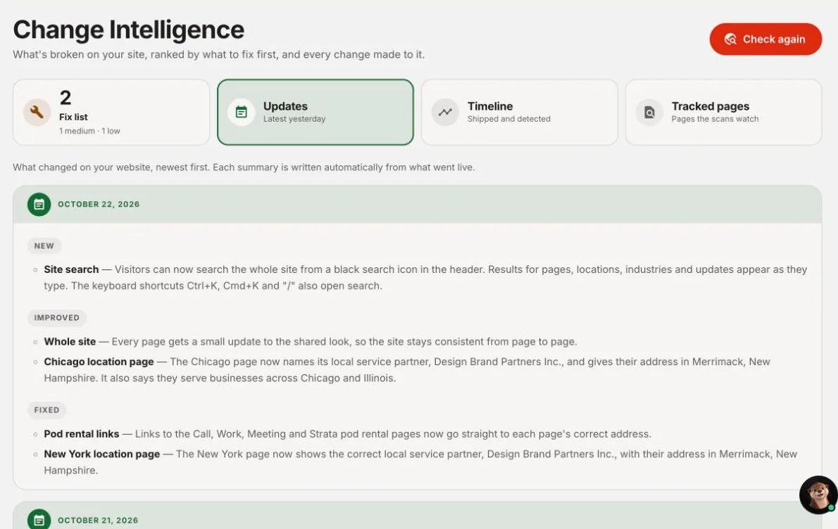askotter Change Intelligence updates for podrent.com dated October 22, 2026, listing new site search, an improved Chicago location page and fixed pod rental links.