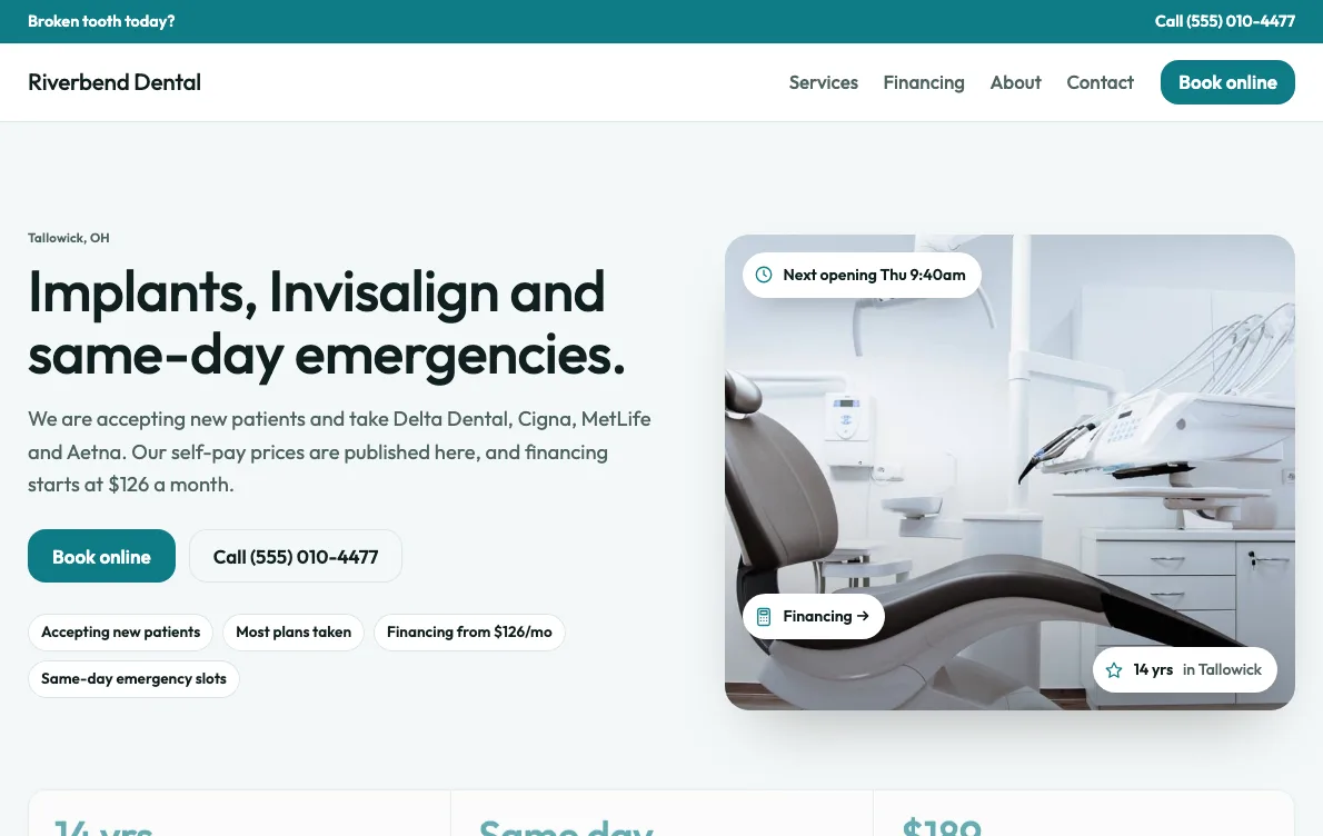 Riverbend Dental, one of askotter's dental design directions, open in a browser: an emergency call strip, a Book online button, published self-pay prices and financing from $126 a month.