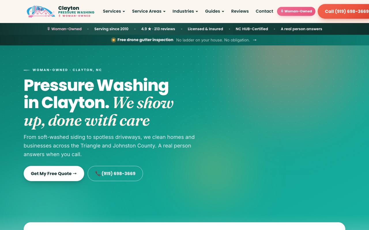 The Clayton Pressure Washing homepage as it is live today