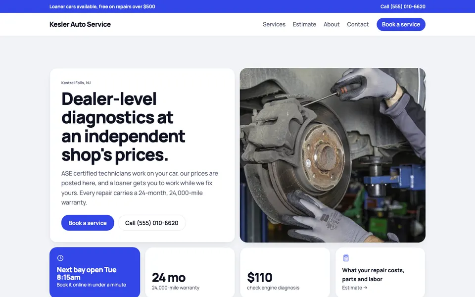 Auto repair website design example: the Bento direction in the Cobalt palette, home page of a sample auto repair shop site