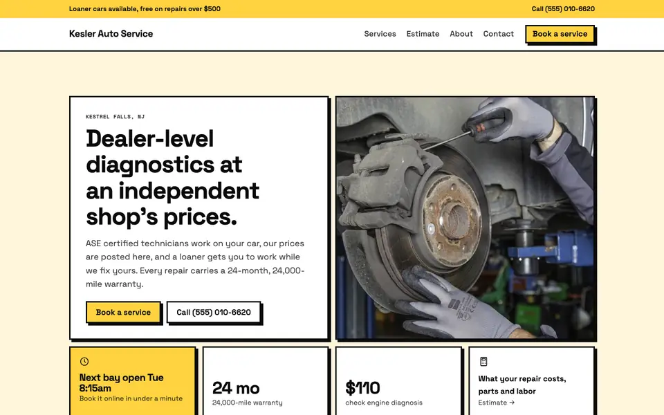 Auto repair website design example: the Neo-Brutalist direction in the Highlighter palette, home page of a sample auto repair shop site