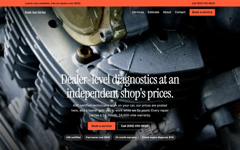 Auto repair website design example: the Cinematic direction in the Cinema palette, home page of a sample auto repair shop site