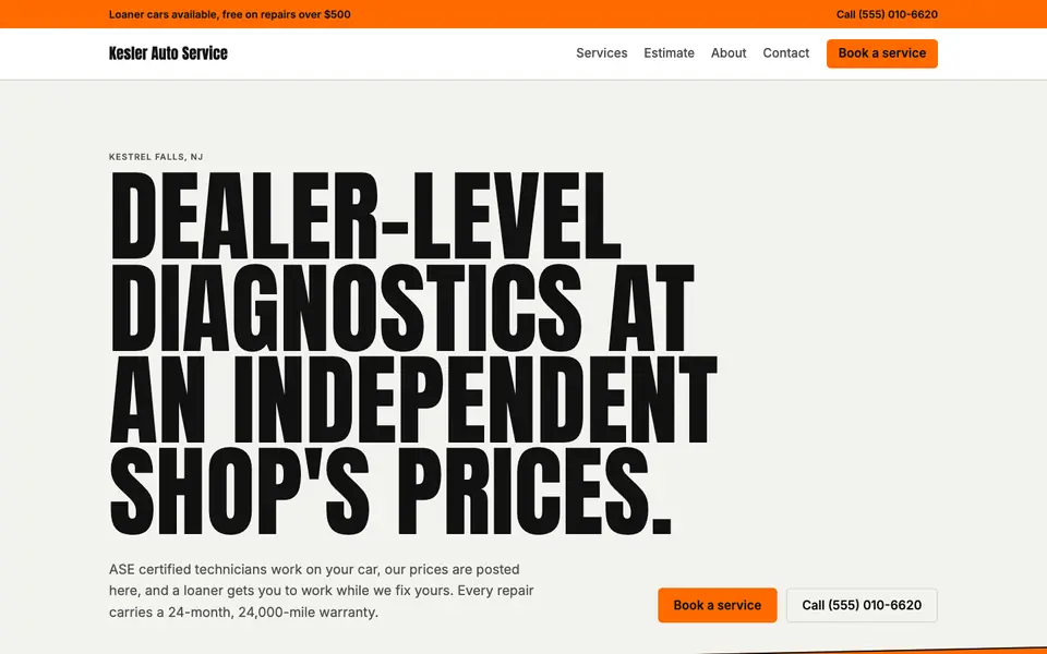 Auto repair website design example: the Kinetic Type direction in the Safety palette, home page of a sample auto repair shop site