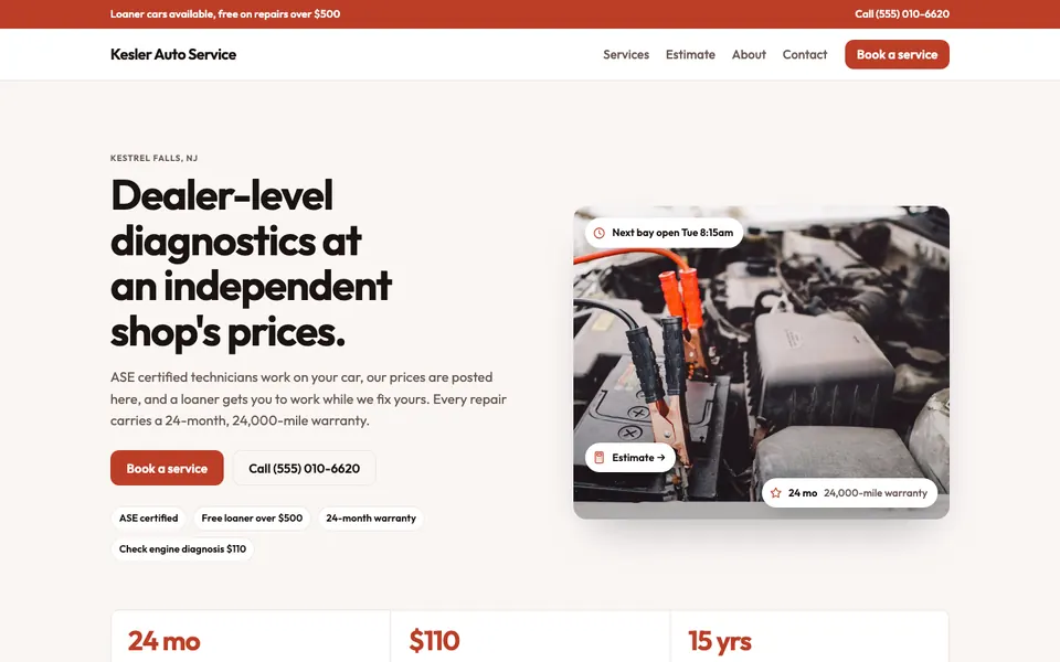 Auto repair website design example: the Modern direction in the Brick palette, home page of a sample auto repair shop site