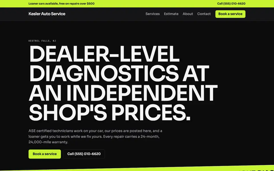 Auto repair website design example: the Mono Neon direction in the Acid palette, home page of a sample auto repair shop site