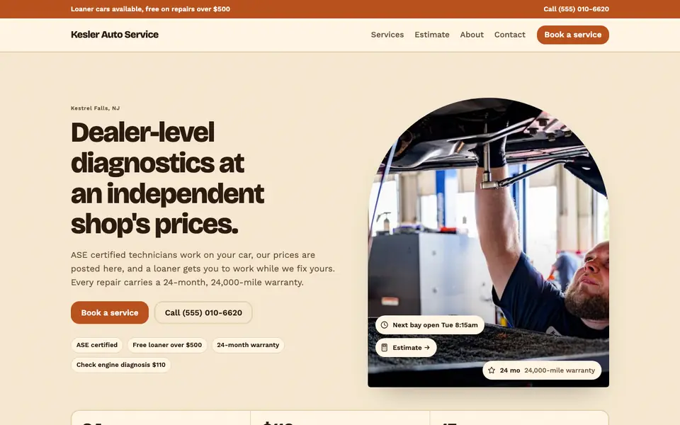 Auto repair website design example: the Retro Warm direction in the Mustard palette, home page of a sample auto repair shop site