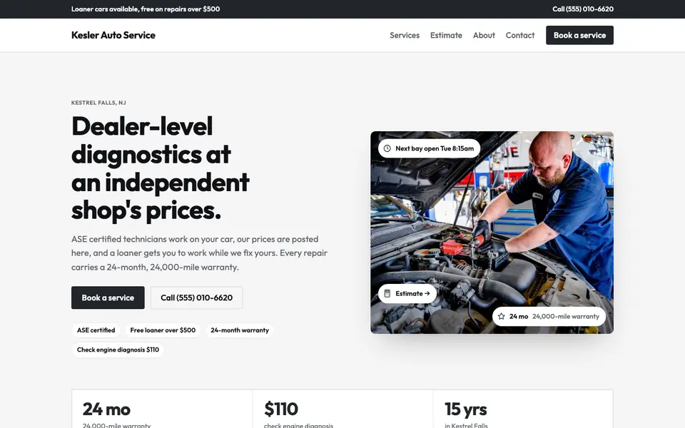 Auto repair website design example: the Utility direction in the Charcoal palette, home page of a sample auto repair shop site