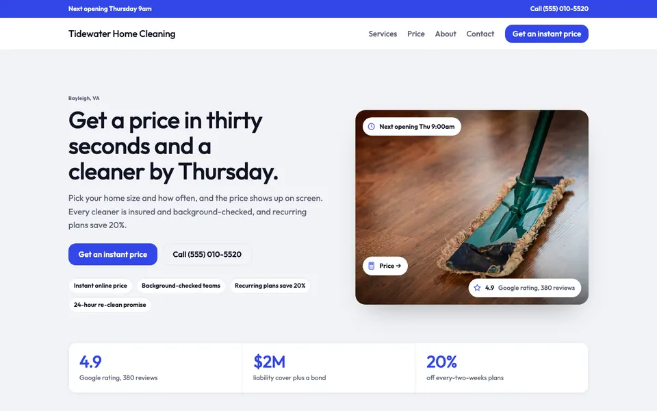 Cleaning Services website in the Clinical design