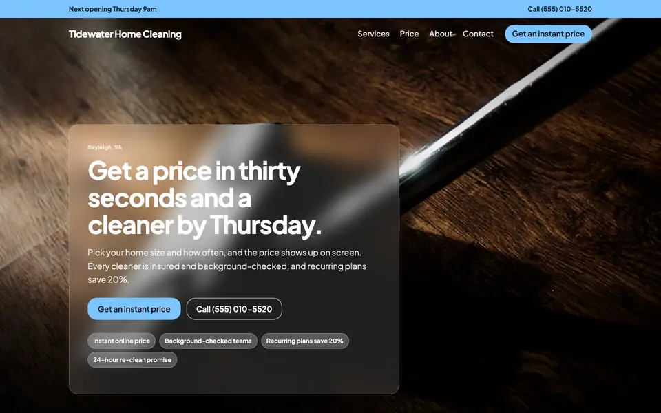 Cleaning Services website in the Frosted Glass design