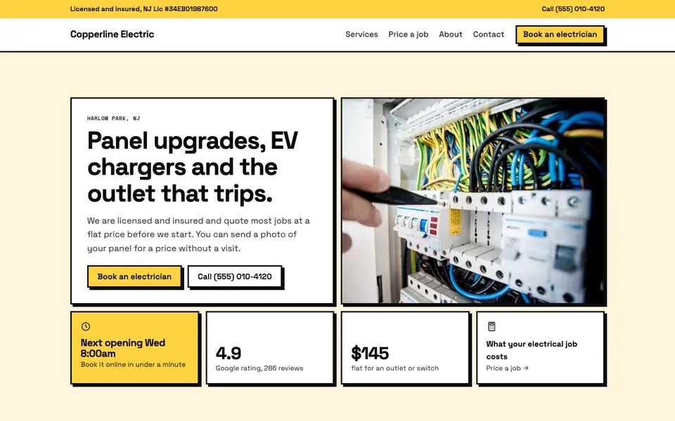 Electricians website in the Neo-Brutalist design