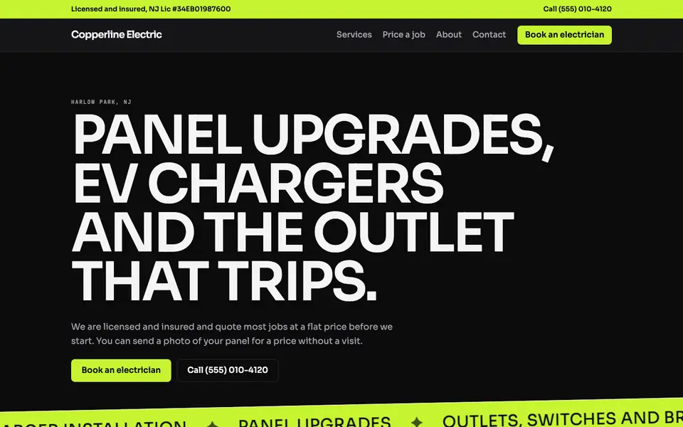 Electricians website in the Mono Neon design