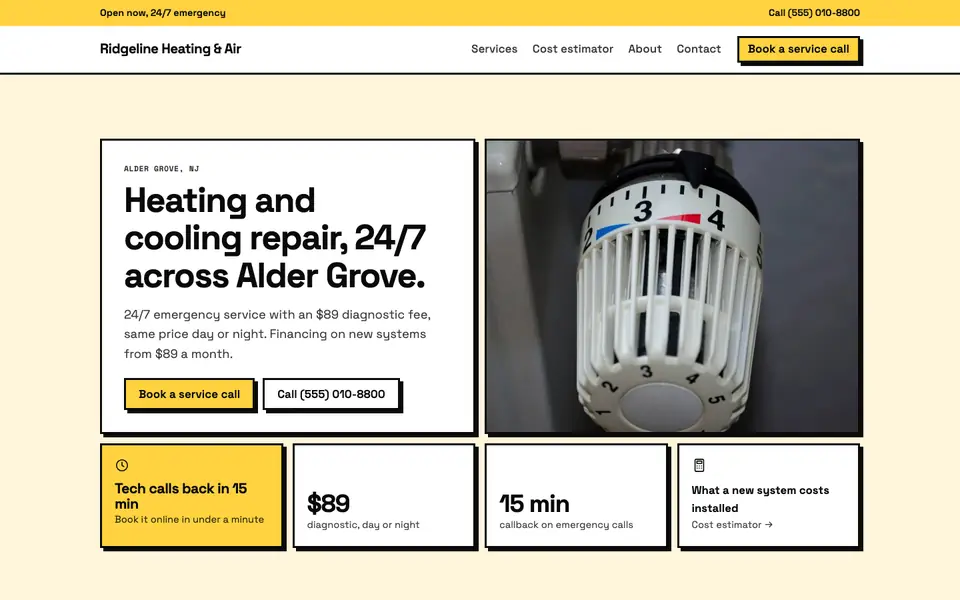 HVAC website design example: the Neo-Brutalist direction in the Highlighter palette, home page of a sample HVAC company site