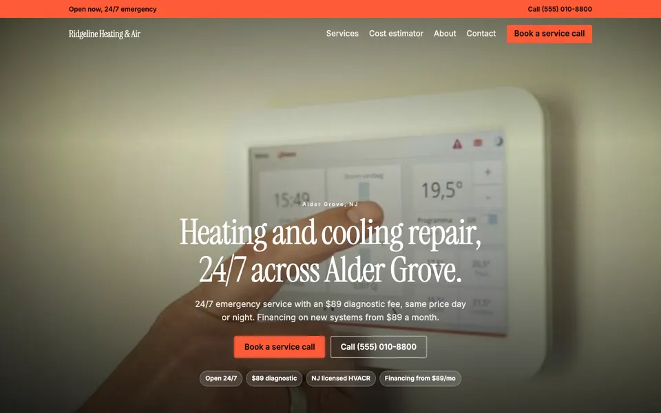 HVAC website design example: the Cinematic direction in the Cinema palette, home page of a sample HVAC company site