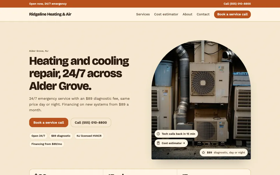 HVAC website design example: the Retro Warm direction in the Mustard palette, home page of a sample HVAC company site