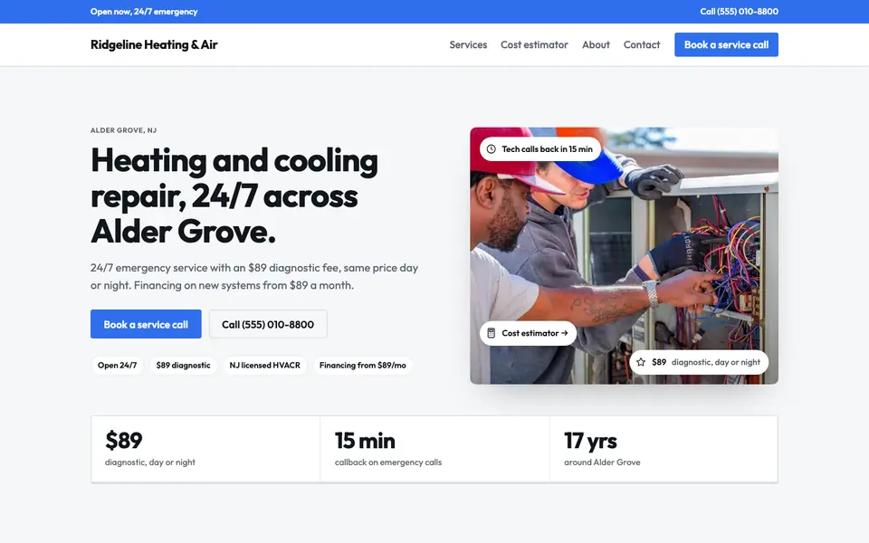 HVAC website design example: the Utility direction in the Slate palette, home page of a sample HVAC company site
