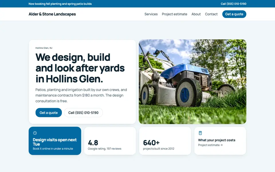 Landscaping & Lawn Care website in the Bento design