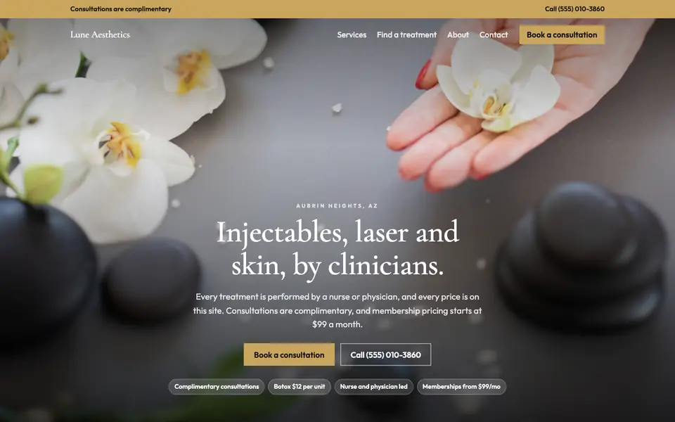 Med Spas website in the Dark Luxe design