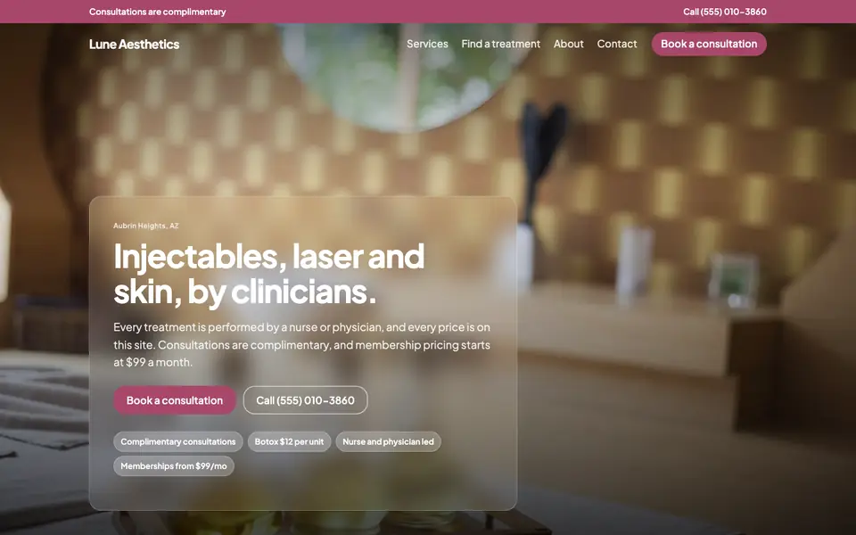 Med Spas website in the Frosted Glass design