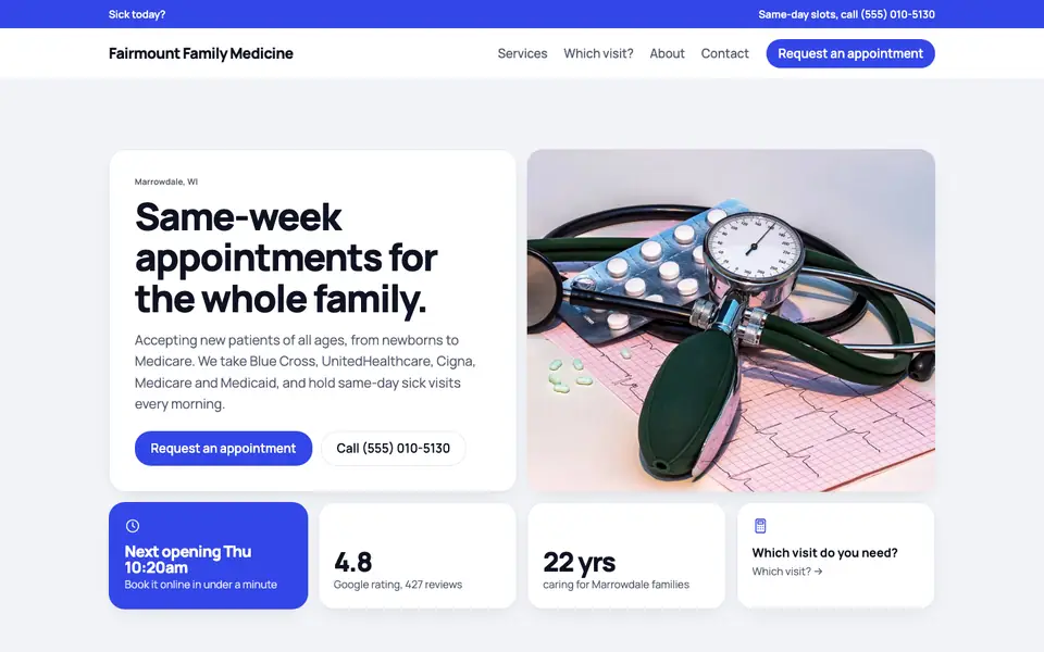Medical practice website design example: the Bento direction in the Cobalt palette, home page of a sample medical practice site