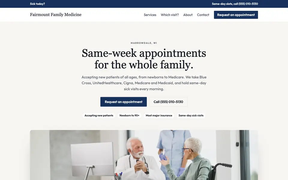 Medical practice website design example: the Classic direction in the Navy palette, home page of a sample medical practice site