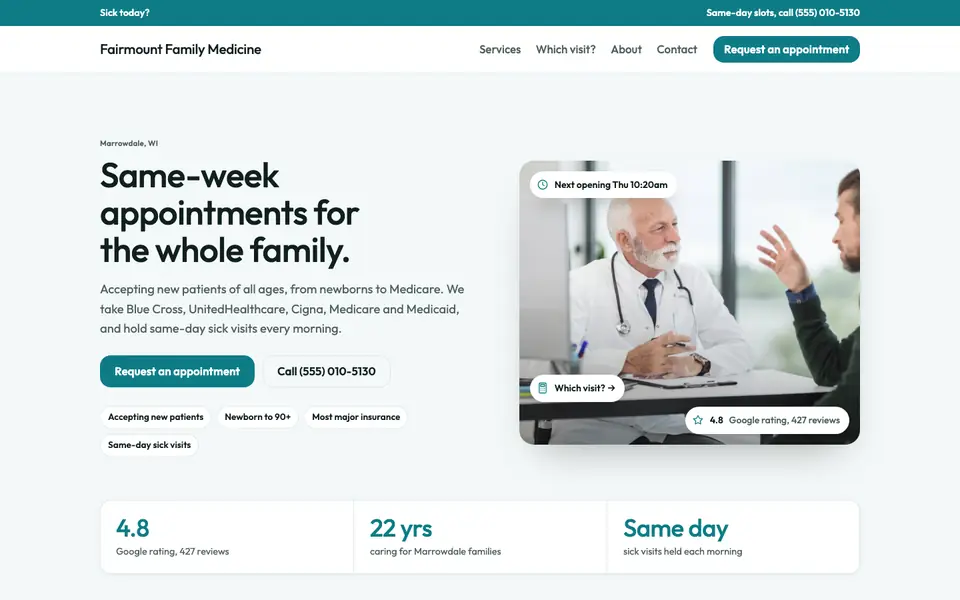 Medical practice website design example: the Clinical direction in the Clinic palette, home page of a sample medical practice site