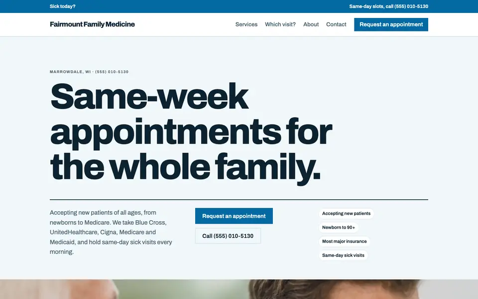 Medical practice website design example: the Swiss Grid direction in the Ocean palette, home page of a sample medical practice site