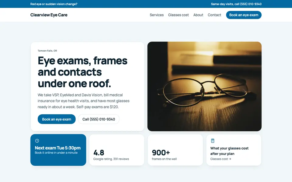 Optometrists website in the Bento design