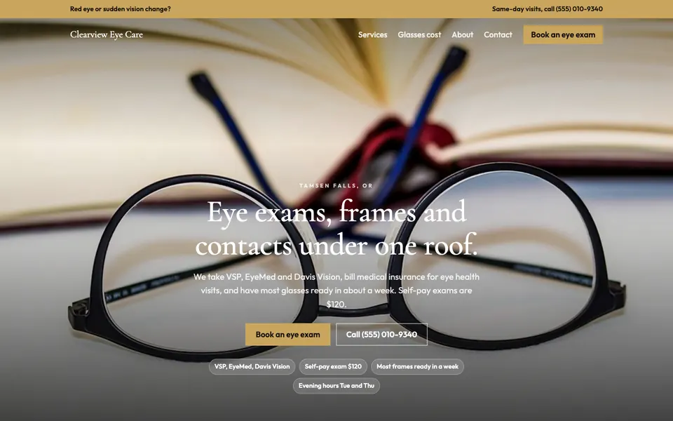 Optometrists website in the Dark Luxe design