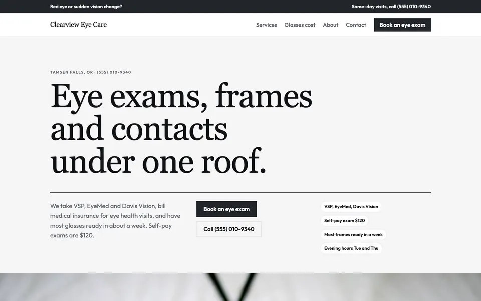 Optometrists website in the Editorial design