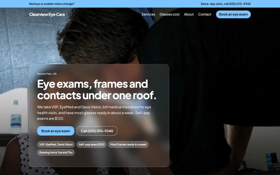Optometrists website in the Frosted Glass design