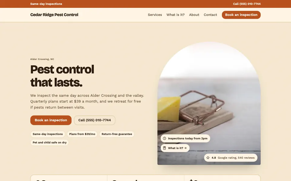 Pest Control website in the Retro Warm design