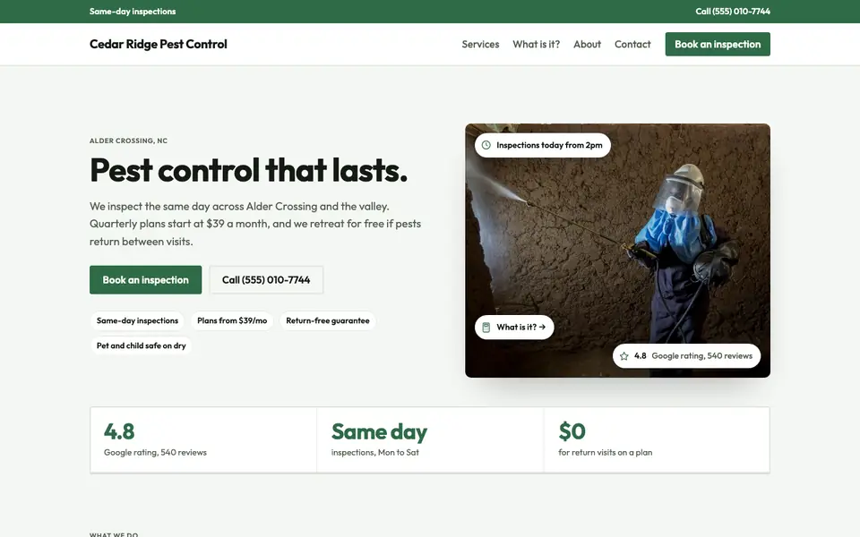 Pest Control website in the Utility design