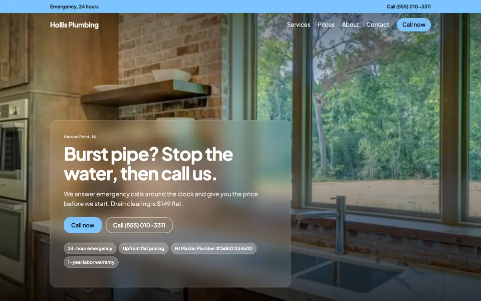 Plumbers website in the Frosted Glass design