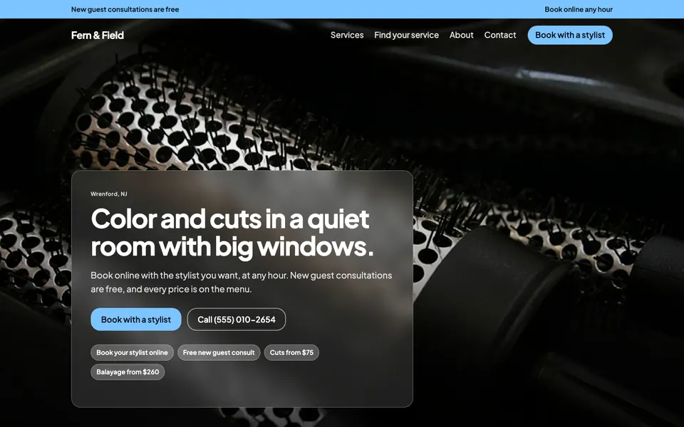 Salons & Spas website in the Frosted Glass design