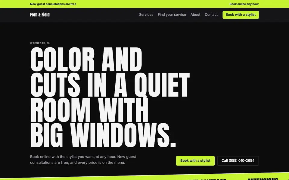 Salons & Spas website in the Kinetic Type design