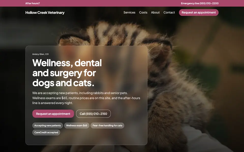 Veterinarians website in the Frosted Glass design